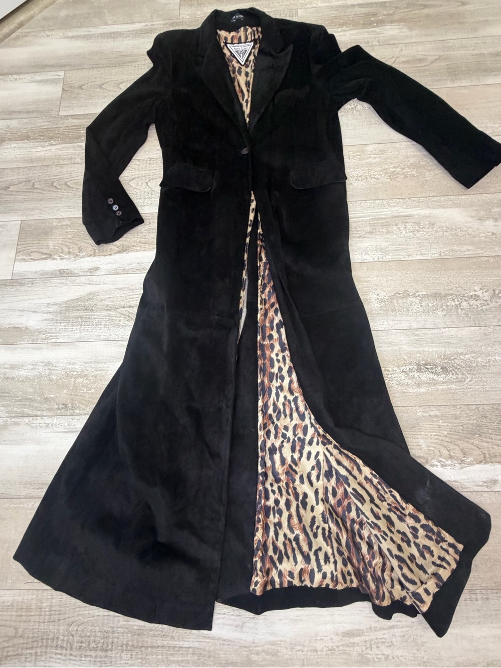 Vtg 90s J Percy Marvin Richards Black Suede Long Maxi Duster Coat Leopard Large